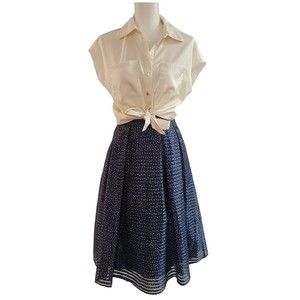 Karl Lagerfeld Paris Blue & White Polka Dot Full A Line Georgette Midi Skirt